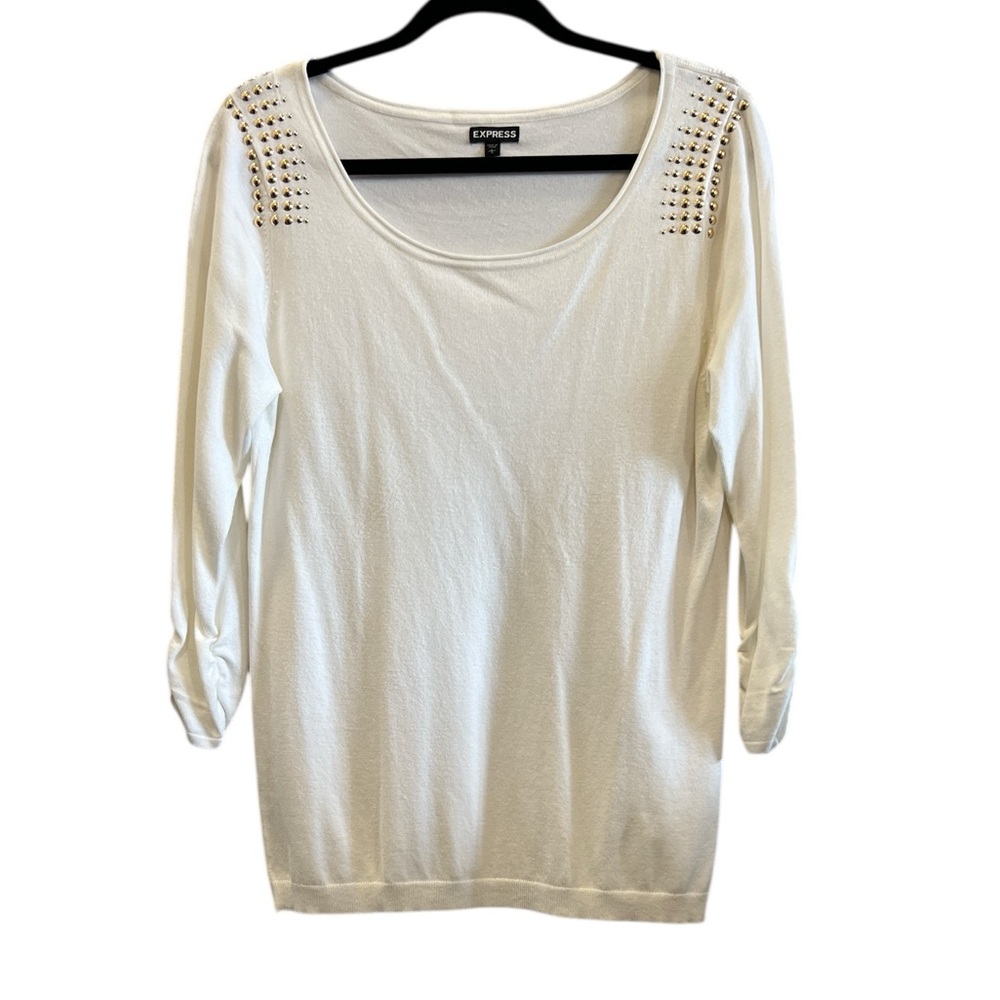 Express Gold Studded Shoulders 3/4 Sleeve White Top Size Large